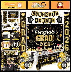 2026 Graduation Party Supplies Set – Black Gold Decor, Backdrop, Banner, Balloon