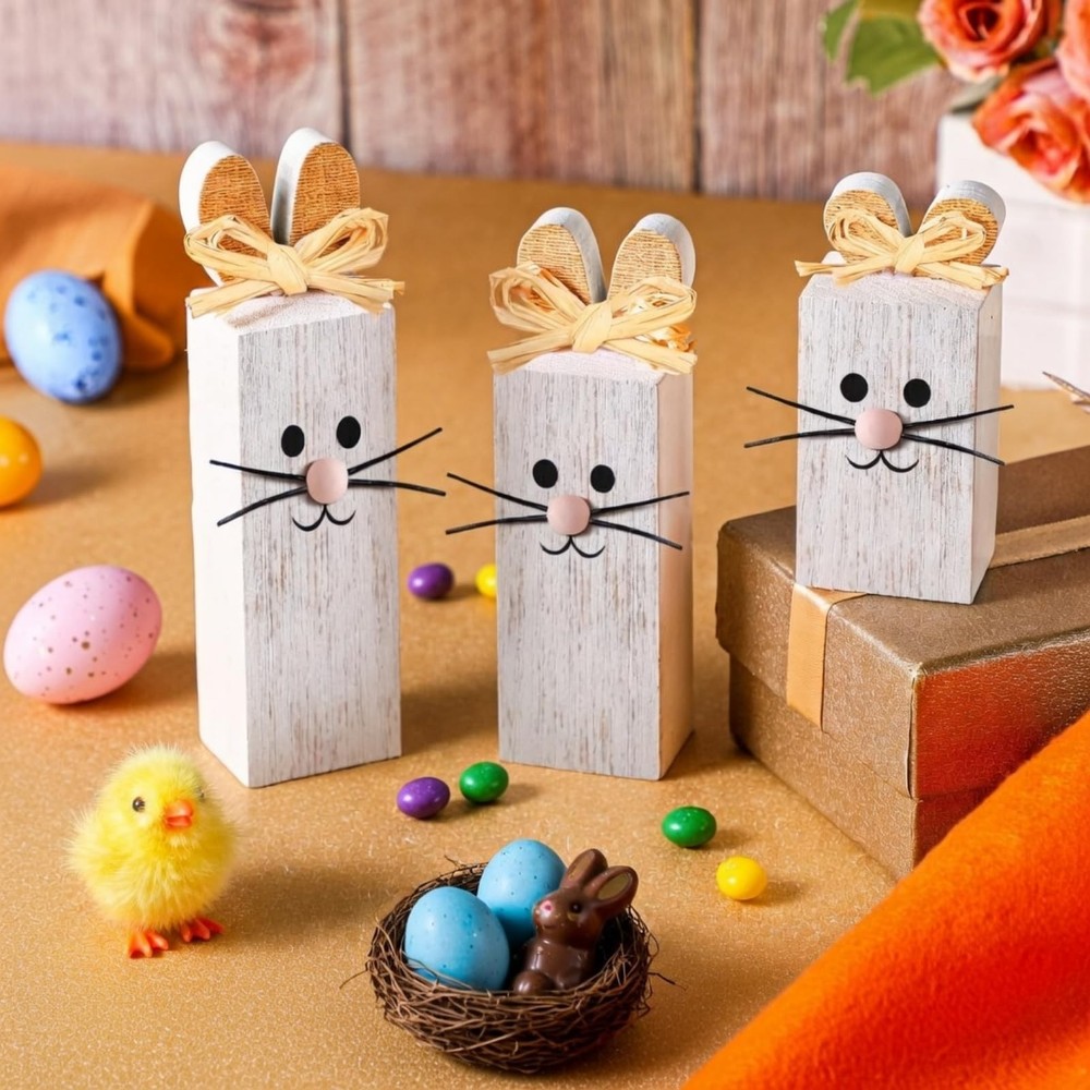 3 PCS Easter Table Decor Bunny Wooden Tiered Tray Decor Rabbit Centerpiece