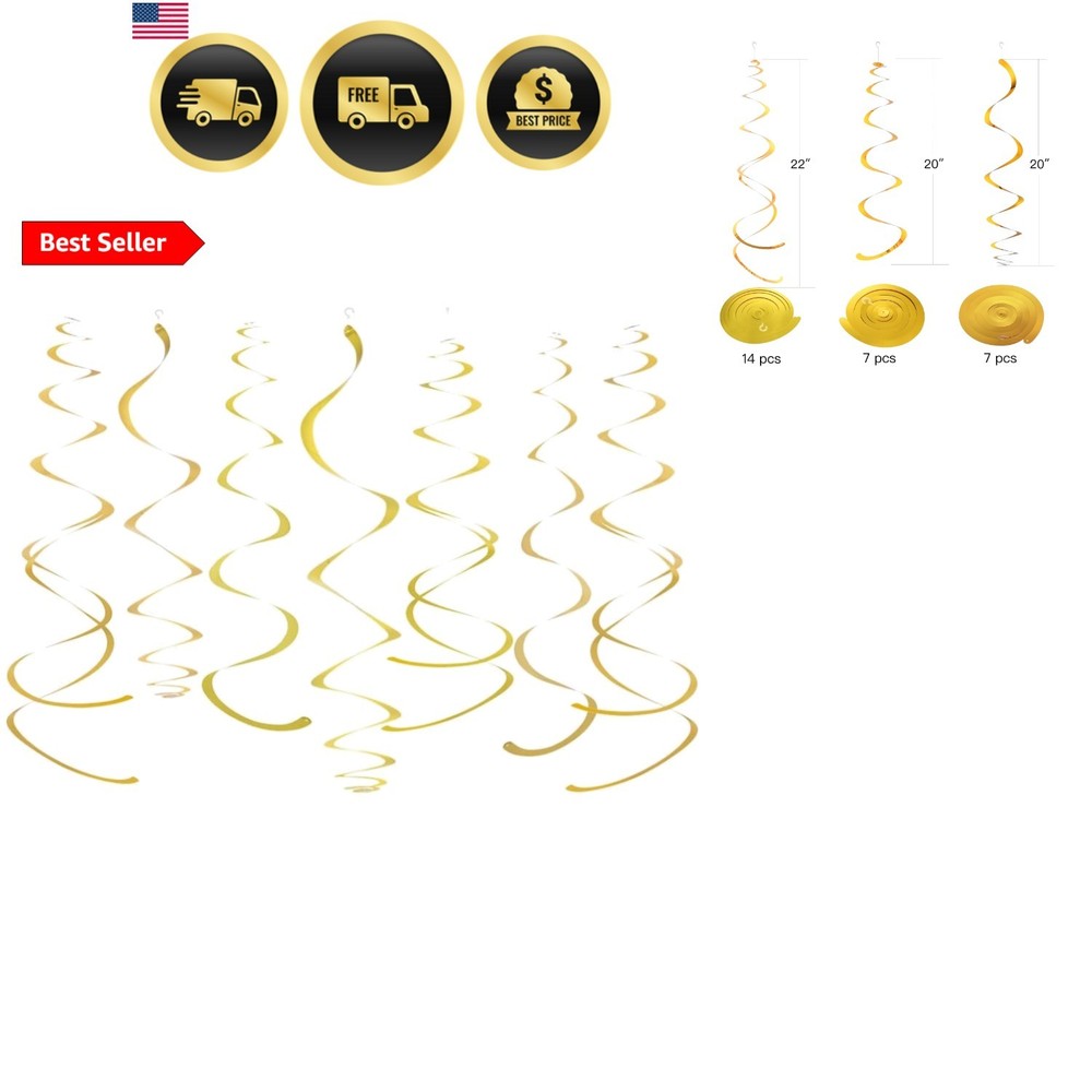 Gold Party Hanging Swirl Decorations Plastic Streamer for Ceiling, Pack of 28
