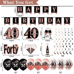 40th Birthday Party Supplies Kit – 33pcs Black & Rose Gold Decorations, Banner,