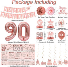 90Th Birthday Party Decorations for Women, Rose Gold Back in 1936 Banner, Rose G