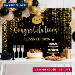 Class of 2026 Graduation Backdrop Black Gold Glitter 7x5ft Photo Booth