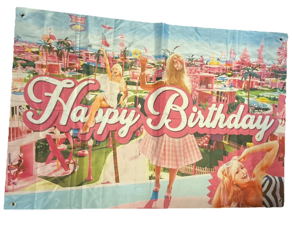 Barbie Birthday Party Themed Backdrop Banner Flag Decoration 40”x59” Pink