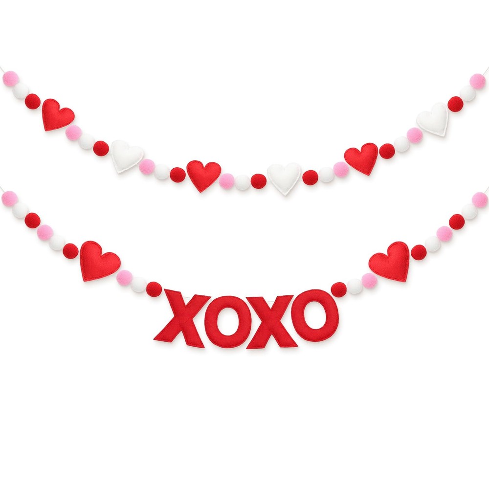 2pcs Valentine Garland Felt 3D Heart Ball Pompom Garland Red White Pom Pom Ba…