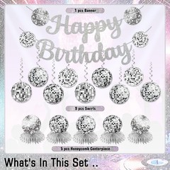Disco Birthday Party Decorations – Silver Disco Ball Banner, Honeycomb Center…