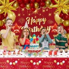 Red and Gold Birthday Decorations 72pcs Balloons Backdrop Table Cover – Party