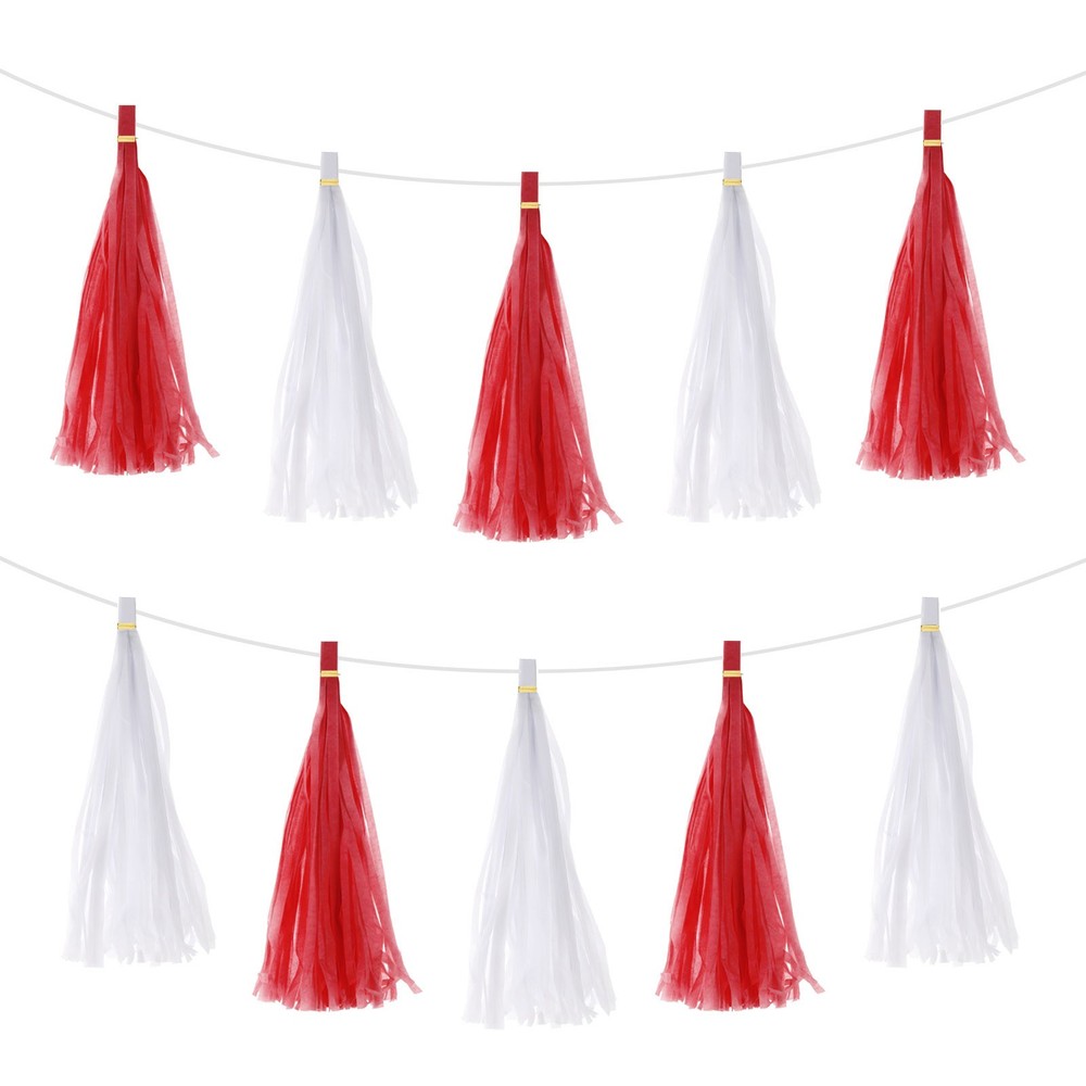 20 Pcs White Red Tassel Garland Banner with Rope