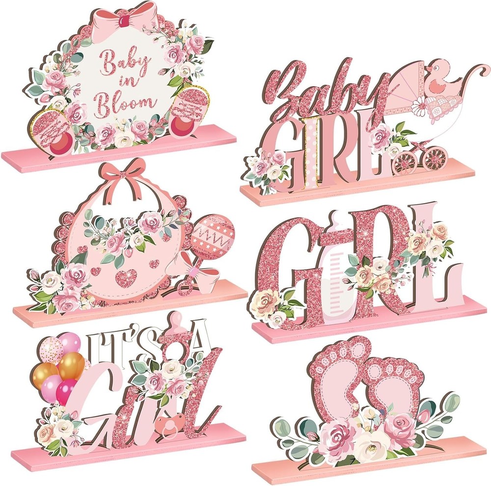 6 Pcs Floral Baby Shower Table Wooden Centerpieces Baby in Bloom Table Display w