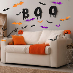 72PCS Halloween Bats Decoration, 4 Sizes PVC Black Orange Purple 3D Stickers