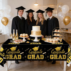 2 Pack Graduation Tablecloths Black Gold Class of 2026 Disposable Party Decor