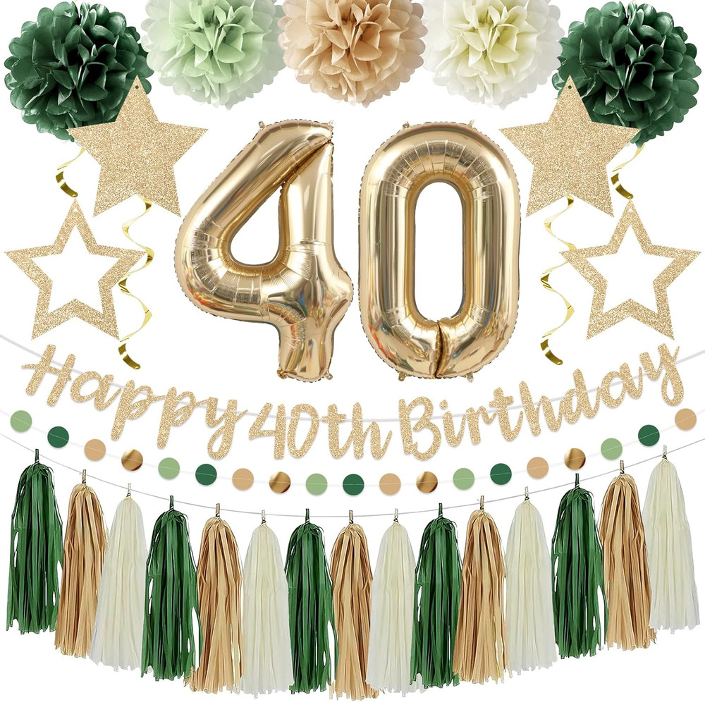 13Pcs 40Th Birthday Decorations for Girls, Sage Green Happy 40Th Birthday Banner