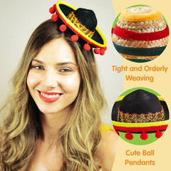6 Pcs Sombrero Headbands Fabric & Straw Fiesta Party Photo Props One Size Adults
