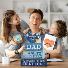 Lineshading 4 Pcs Fathers Day Table Decorations Wooden Blue Heart Trophy Deco…