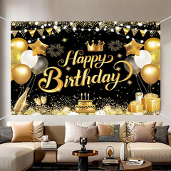 7X5Ft Happy Birthday Backdrop Banner – Black Gold Glitter Balloon Theme