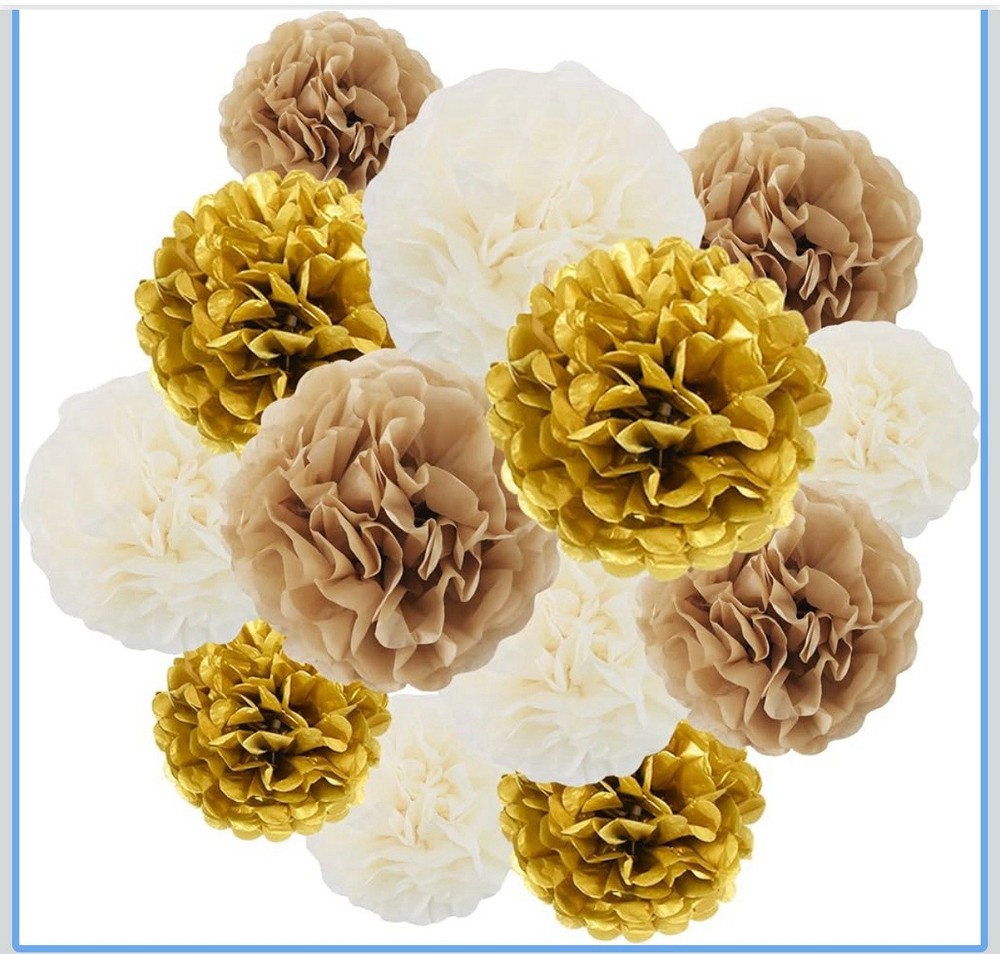 12 PCS Gold White Brown Tissue Paper Pom Poms Wedding Bday Party Hanging Decor
