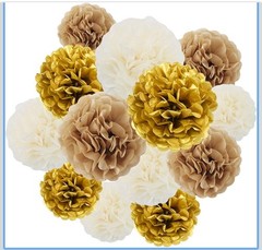 12 PCS Gold White Brown Tissue Paper Pom Poms Wedding Bday Party Hanging Decor