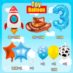 Toy Themed Number 2 Balloon, Happy Birthday Colorful Balloons with Rocket and Co
