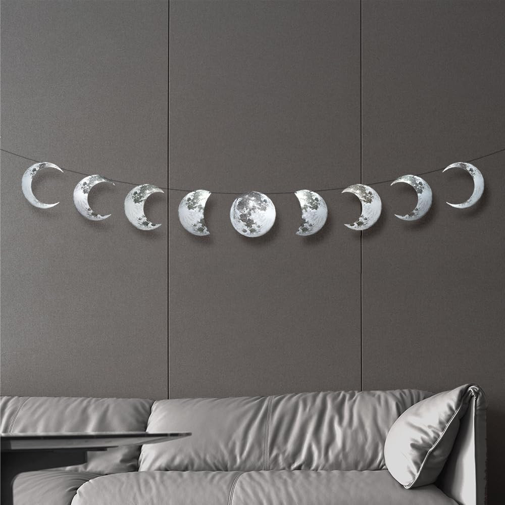 Silver Moon Wall Decor Hanging 9 Phases Moon Banner Party Decorations Aesthetic
