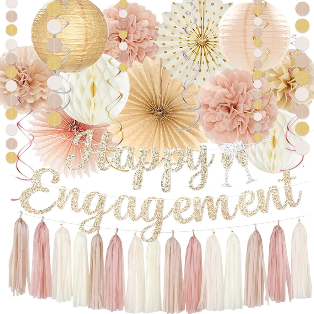 Engagement Party Decorations, Champagne-Gold Glitter Happy Engagement Banner