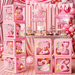 Pink Graduation Decorations Class of 2026 – Set of 4 Balloons Boxes with Letters