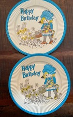 NOS Vintage 1970s Birthday Plate Cup Patchwork Girl Ragdoll Bonnet Daisy Prairie