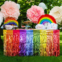 Rainbow Party Decorations, 2 Pack Wavy Metallic Tinsel Foil Fringe Table Skirts,