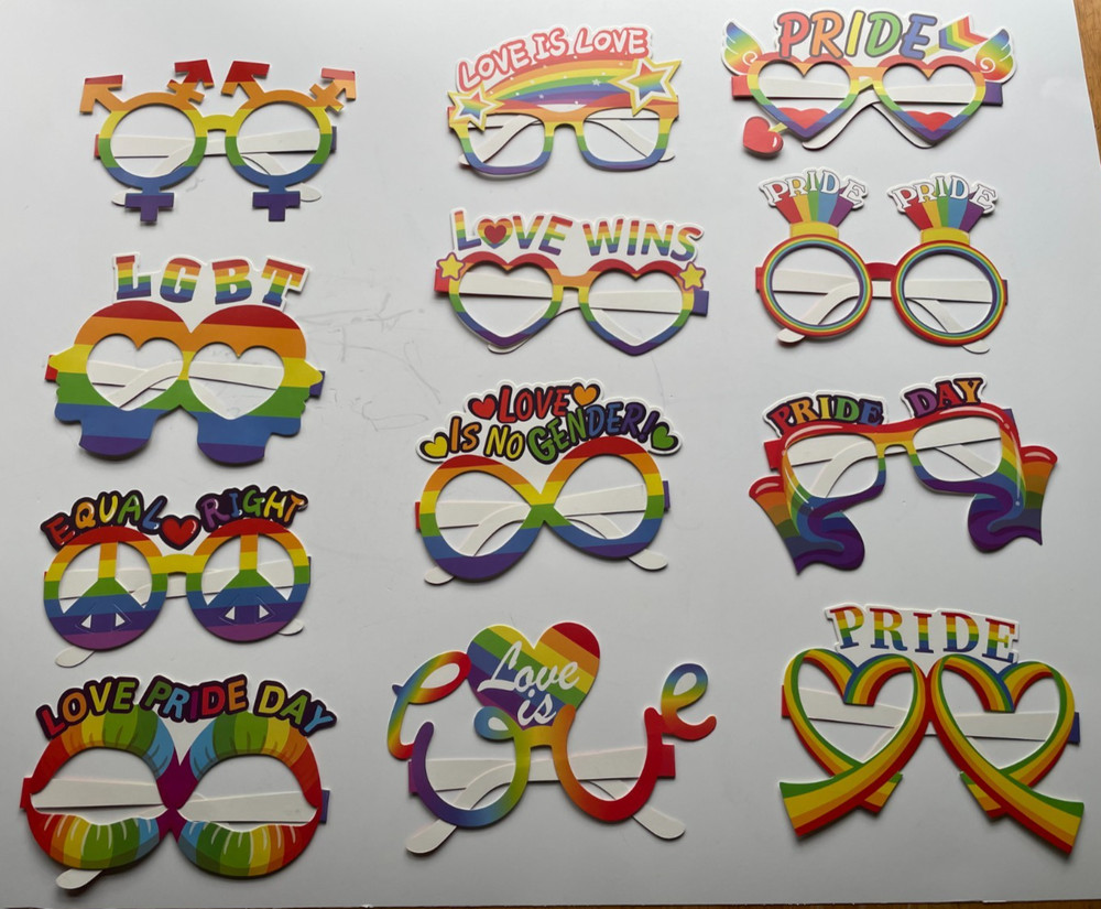 12 Pcs Pride Rainbow Photo Booth Props, Gay Pride Day Love Is Love Paper Glasses