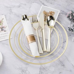 350PCS Gold Plastic Dinnerware Set, Disposable Party Plates for 50 Guests…R1W2