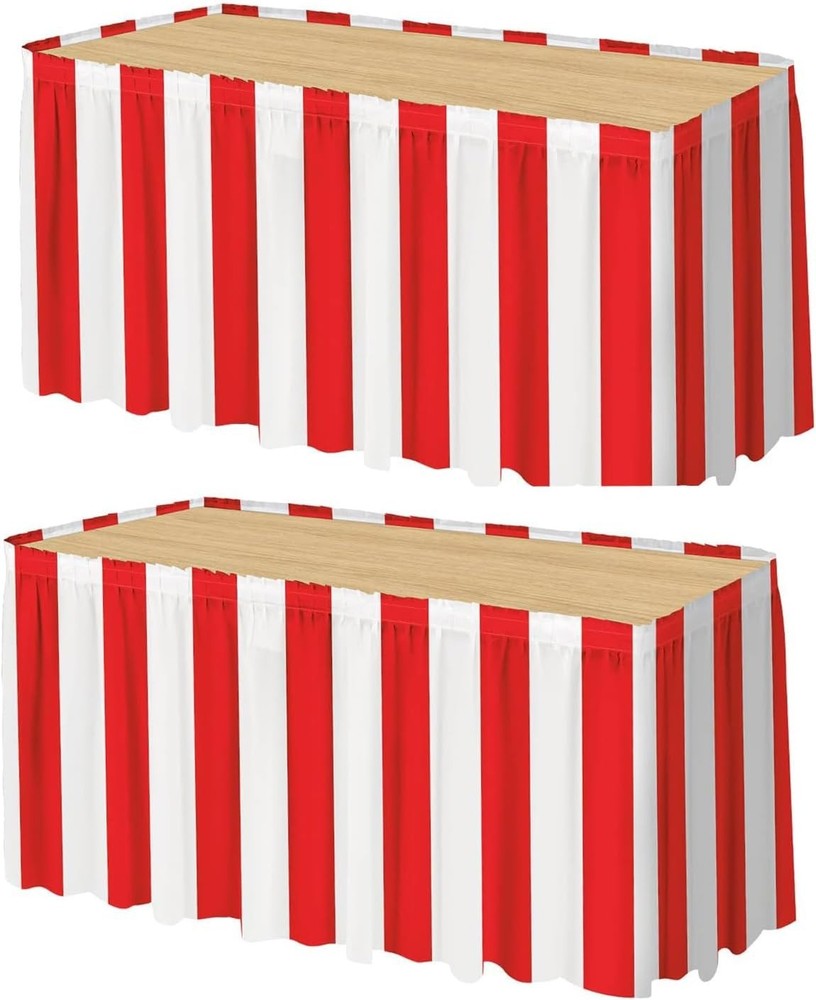 2 Pcs Red & White Striped Table Skirt Carnival Theme Table Skirts Circus