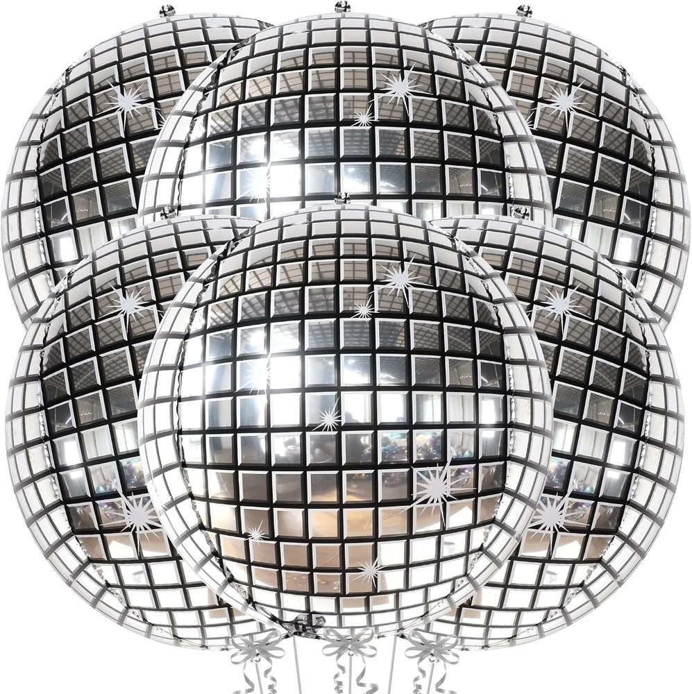 6pc 22″ Big Silver Disco Ball Balloons|Disco Party Decor,4D Sphere Disco Balloon