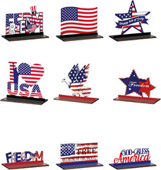 9Pcs 4Th of July Table Decorations, Patriotic Wooden Stars Eagle Freedom Memoria