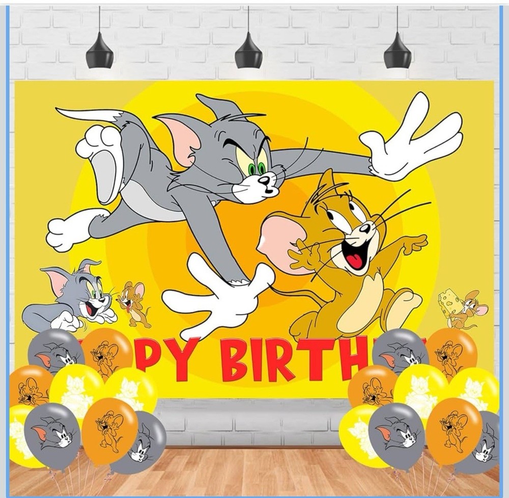 Cartoon Cat Backdrop 5×3 Vinyl Tom Cat Birthday Party and balloons