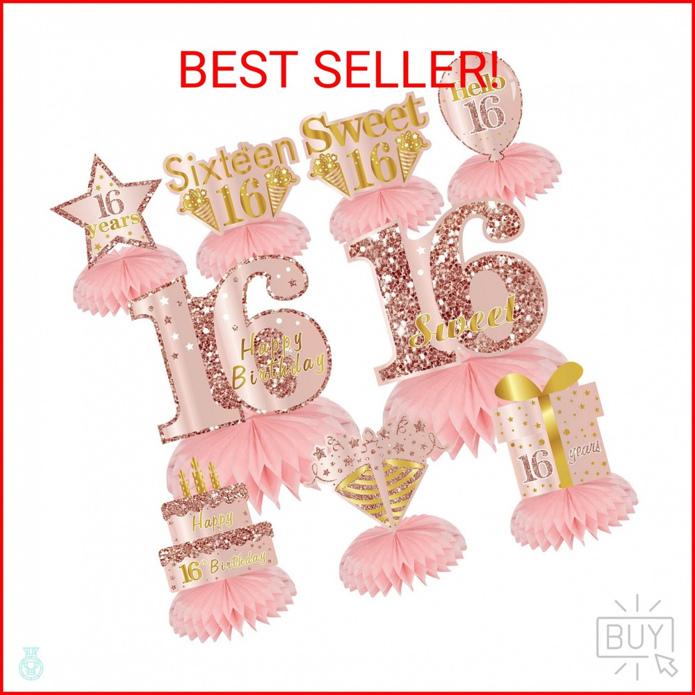 Turypaty Sweet 16 Birthday Honeycomb Centerpieces Decorations for Girls, 9Pcs Pi