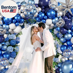 Blue White Silver Balloon Garland Arch Kit, 140Pcs Navy Light Metallic Blue Silv