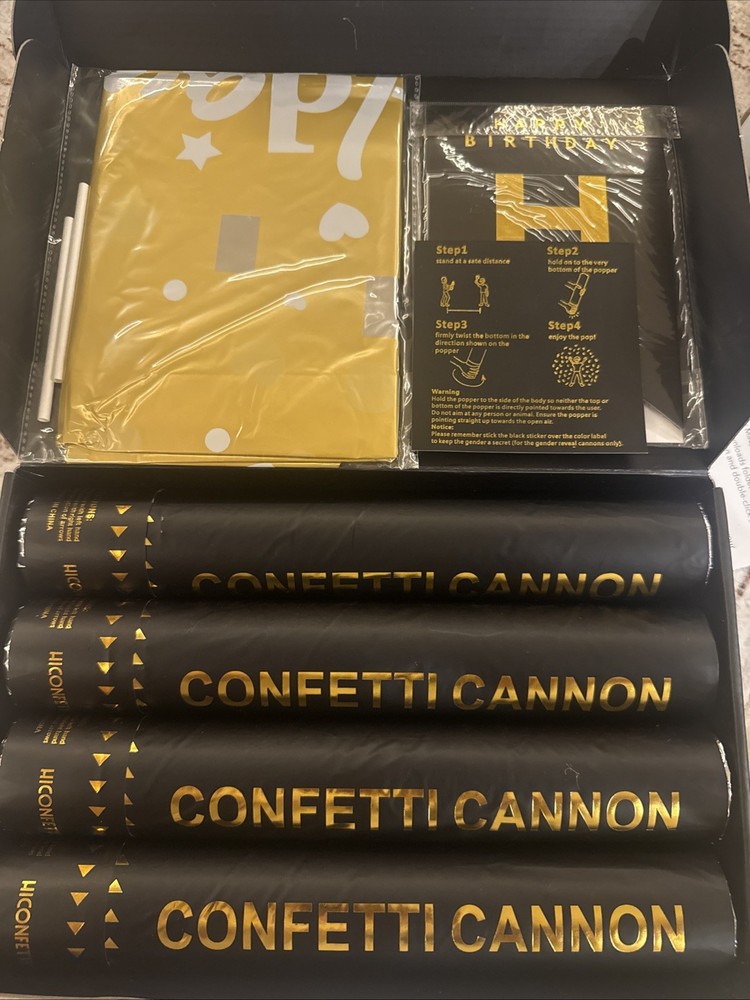 Birthday Confetti Balloon 4 Cannon Foil Fringe Curtain And Banner Black And Gold