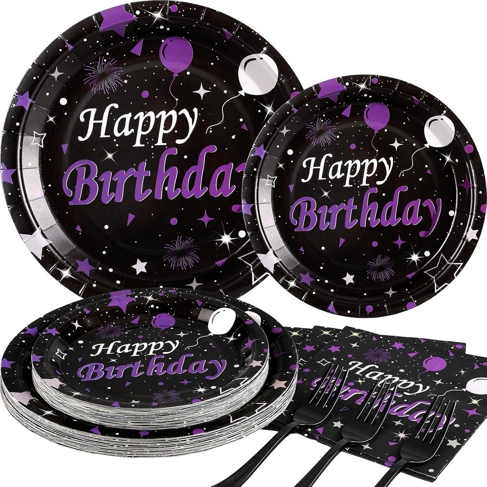 Purple and Black Disposable Birthday Tableware (Plates, Napkins, Forks)