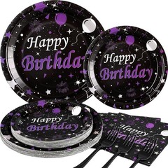 Purple and Black Disposable Birthday Tableware (Plates, Napkins, Forks)
