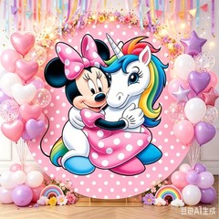 Round Backdrop Cover Minnie Mouse Happy Birthday Party Photo Background Decor
