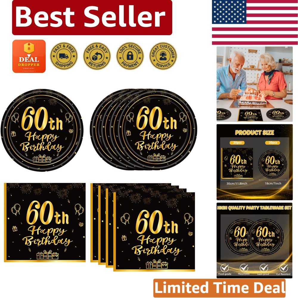 Stylish 60th Birthday Celebration Kit – 40PCS Black & Gold Paper Plates/Napkins