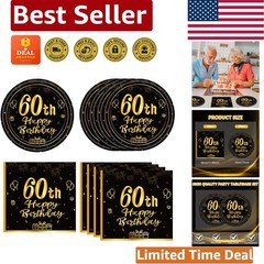 Stylish 60th Birthday Celebration Kit – 40PCS Black & Gold Paper Plates/Napkins