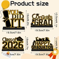 4 PCS Black Gold Graduation Decorations Class 2026 Wooden Table Centerpieces