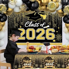 Graduation Party Decorations Class of 2026- Black and Gold Balloon Arch Kit Incl