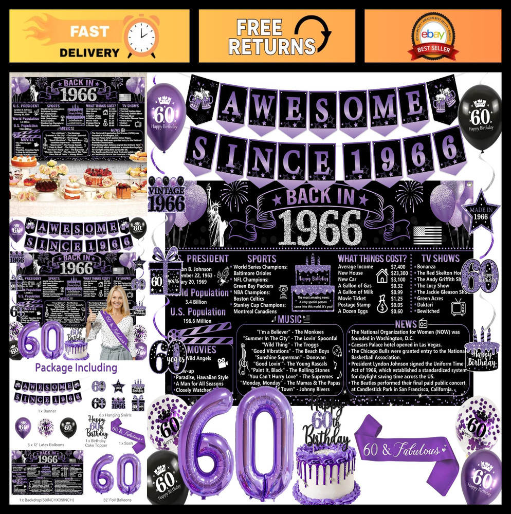 60th Birthday Decorations for Women – Vintage 1966 Party Supplies, Banner, Sash,