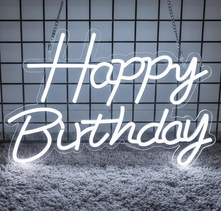 LED Happy Birthday Neon Sign, USB Dimmable Light for Party Decor, 16.5×12 Inch