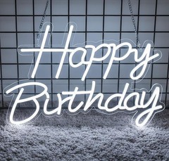 LED Happy Birthday Neon Sign, USB Dimmable Light for Party Decor, 16.5×12 Inch