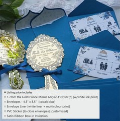 White Ink Printed Quinceanera Gold Mirror Acrylic Invitation with Blue Envelopes