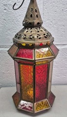 Ramadan Lantern Brass Finish Stained Glass Red Yellow 13″ Moroccan Hanging Lamp