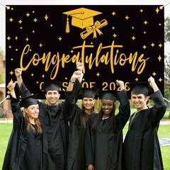 Congratulations Class Of 2026 Graduation Backdrop Black Gold Photo Background