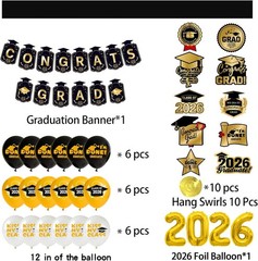 Graduation Party Decorations 2026–Black Gold Grad Banner, Class of Backdrop, Bal