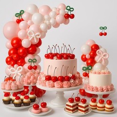 Cherry Red Balloon Garland Arch Kit, Bow Pastel Pink and White Birthday Ballo…